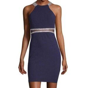 NEW My Michelle Rhinestone Dress Mesh Cutouts High Neck Halter Navy Blue Size 1